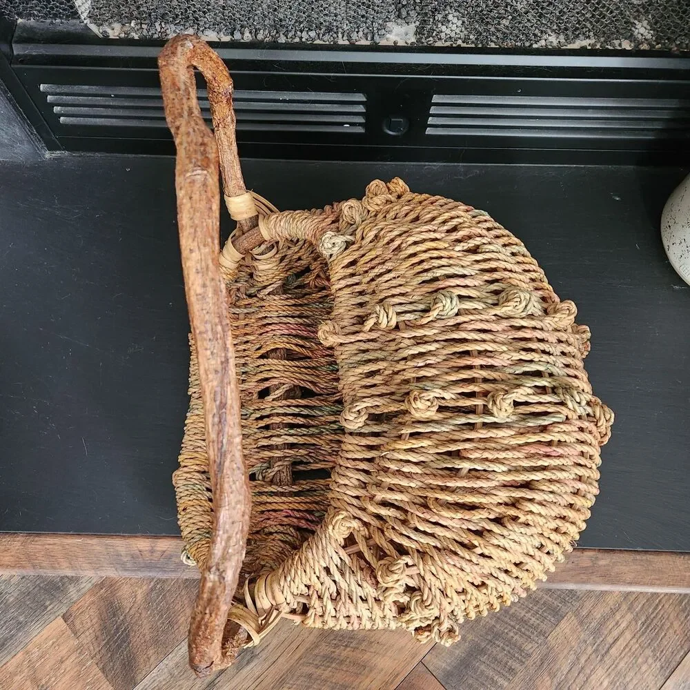 Vintage Rustic Folk Art Driftwood Handle Gathering Basket Large Woven Cottage